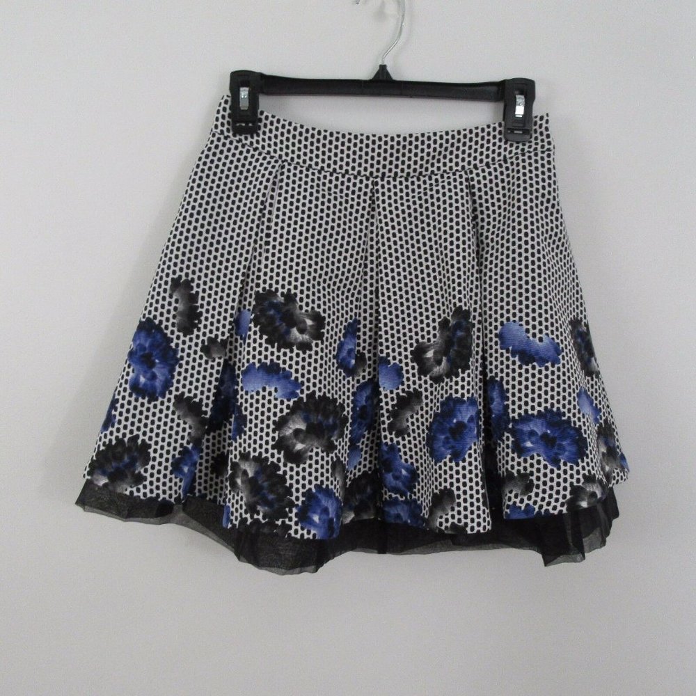 Express White Black Blue Floral Flare Polka Dot Skirt